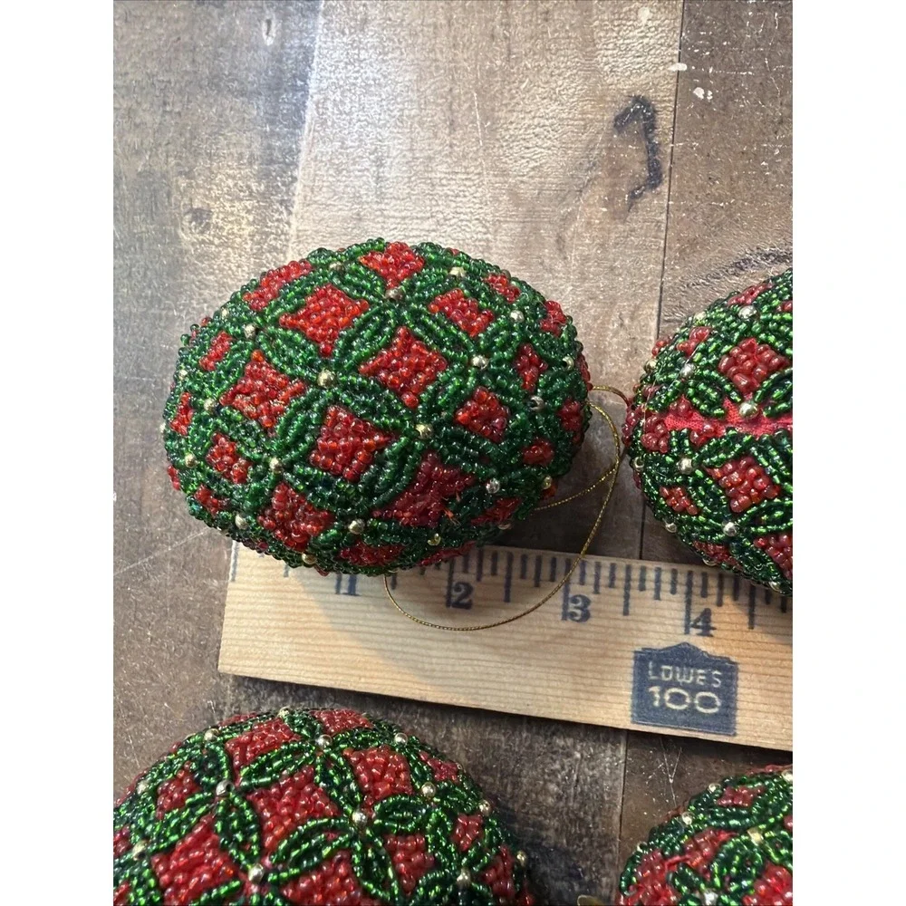 Lot 4 Vtg Hand Beaded Seed Bead Egg Christmas Tree Ornaments Red Green Geometric